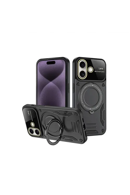 Apple İphone 16 Kılıf Joy Lens Standlı Kapak - Siyah