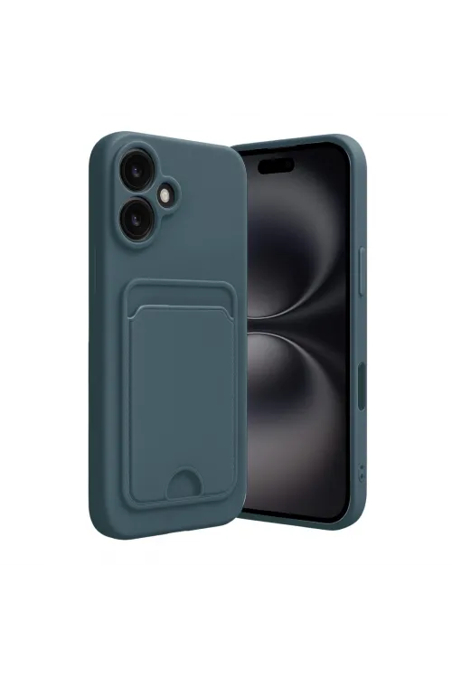 Apple İphone 16 Kılıf Kelvin Kartvizitli Silikon - Koyu Yeşil