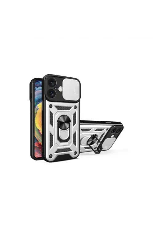 Apple İphone 16 Kılıf Pars Lens Yüzüklü Silikon - Gümüş