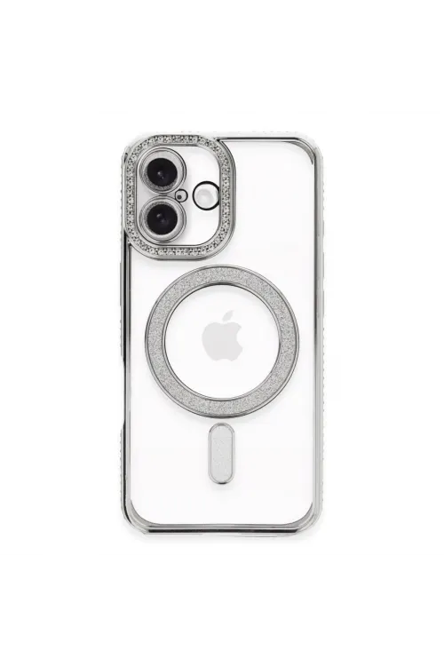 Apple İphone 16 Plus Kılıf Joke Simli Magneticsafe Kılıf - Gümüş