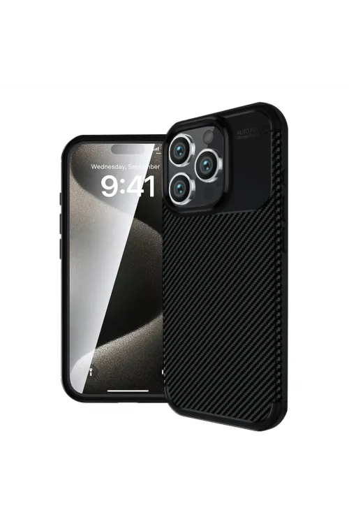 Apple İphone 16 Pro Kılıf Auto Focus Karbon Kapak - Siyah