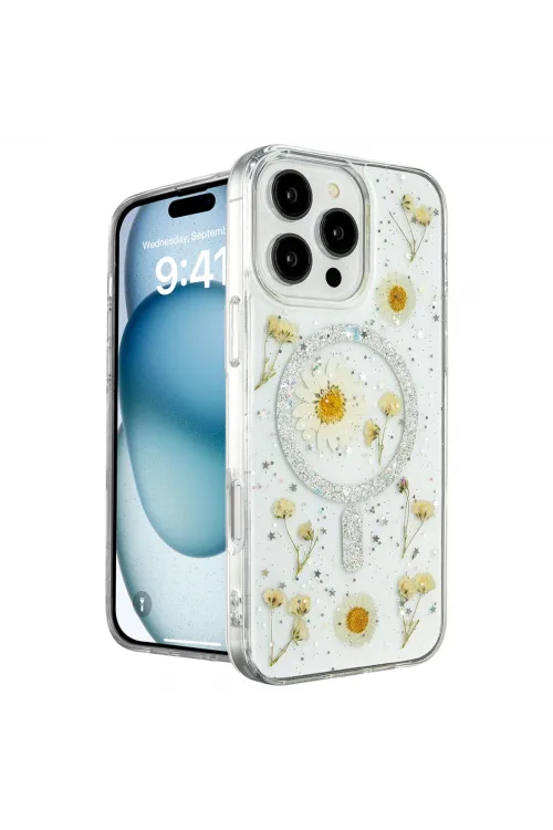 Apple İphone 16 Pro Kılıf Daisy Simli Magsafe Kapak - Gümüş