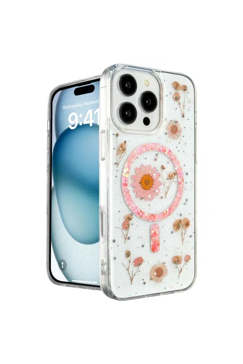 Apple İphone 16 Pro Kılıf Daisy Simli Magsafe Kapak - Pembe
