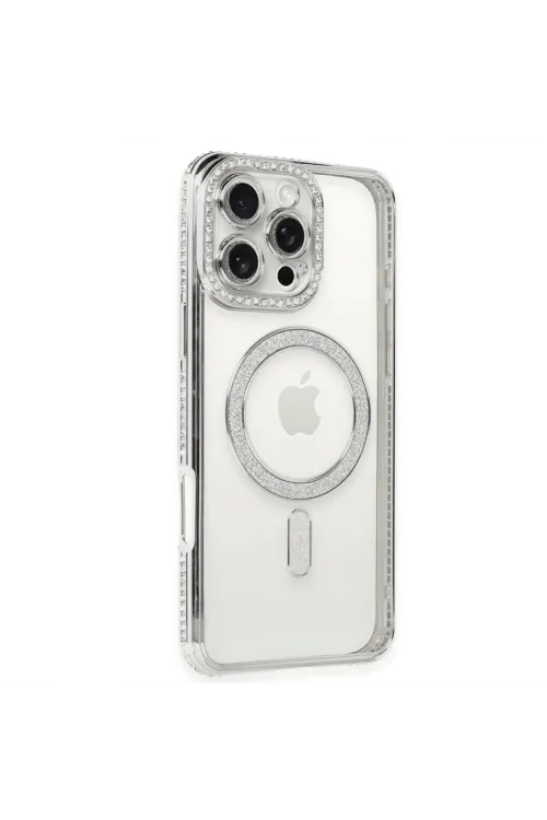 Apple İphone 16 Pro Kılıf Joke Simli Magneticsafe Kılıf - Gümüş