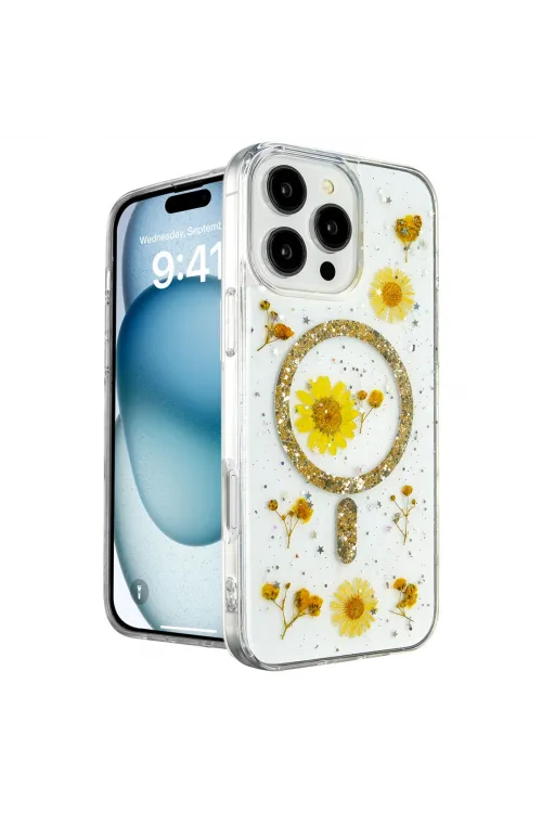 Apple İphone 16 Pro Max Kılıf Daisy Simli Magsafe Kapak - Gold