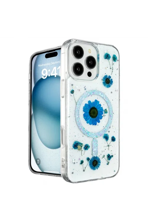 Apple İphone 16 Pro Max Kılıf Daisy Simli Magsafe Kapak - Mavi