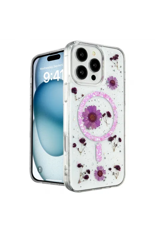 Apple İphone 16 Pro Max Kılıf Daisy Simli Magsafe Kapak - Mor