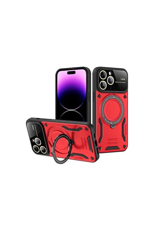 Apple İphone 16 Pro Max Kılıf Joy Lens Standlı Kapak - Kırmızı