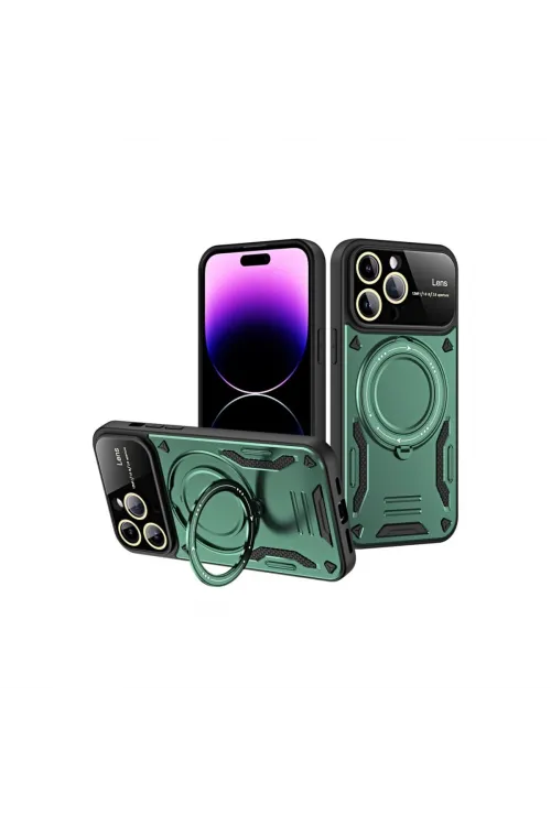 Apple İphone 16 Pro Max Kılıf Joy Lens Standlı Kapak - Koyu Yeşil