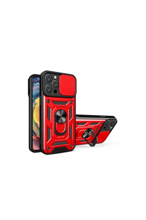 Apple İphone 16 Pro Max Kılıf Pars Lens Yüzüklü Silikon - Kırmızı