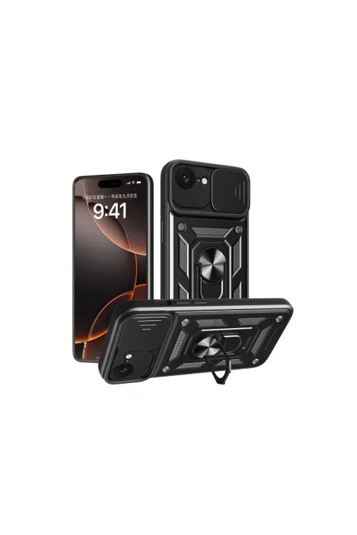 Apple İphone 16e Kılıf Pars Lens Yüzüklü Silikon - Siyah
