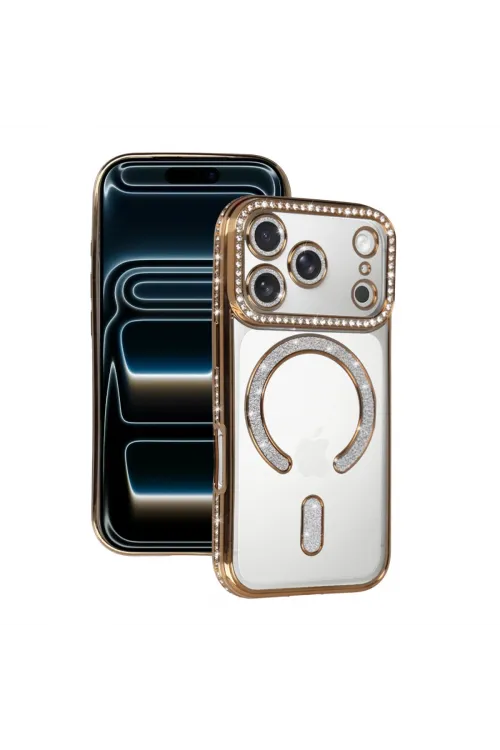 Apple İphone 17 Pro Max Joke Simli Magneticsafe Kılıf - Gold