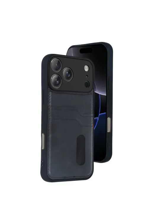 Apple İphone 17 Pro Max Sara Kartvizitli Deri Kılıf - Siyah
