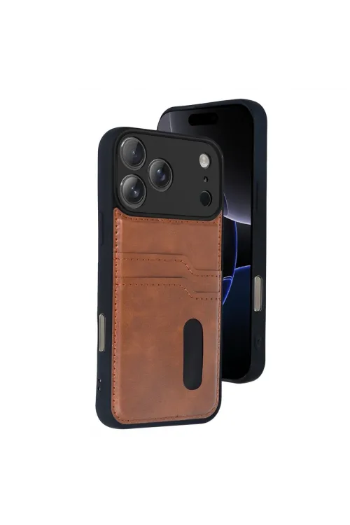 Apple İphone 17 Pro Max Sara Kartvizitli Deri Kılıf - Taba
