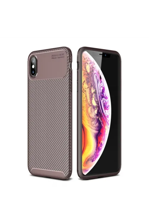 Apple İphone Xs Max Kılıf Auto Focus Karbon Kapak - Kahverengi