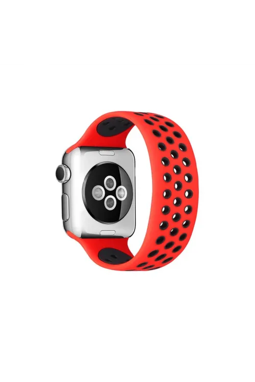 Apple Watch 38mm Ayarlı Delikli Silikon Kordon (saat Değildir) - Kırmızı-siyah