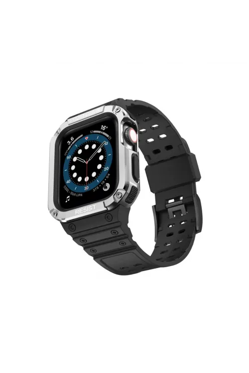 Apple Watch 42mm Kr401 Silikon Kordon - Siyah-gümüş