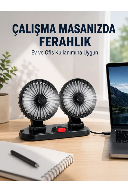 Araç Ve Ev Kullanımına Uygun Çift Başlıklı Masaüstü Vantilatör