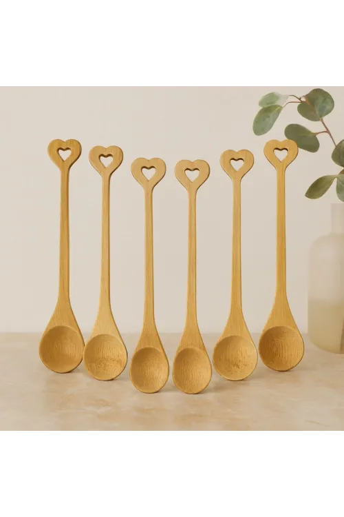 Bambu Ahşap Çay Kaşığı Seti 6lı (Yuvarlak & Kalp Saplı)