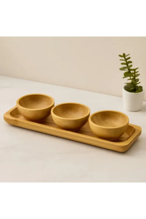 Bambu Lokumluk ve Çerezlik Seti 3lü Sunum Tepsili (6 cm)