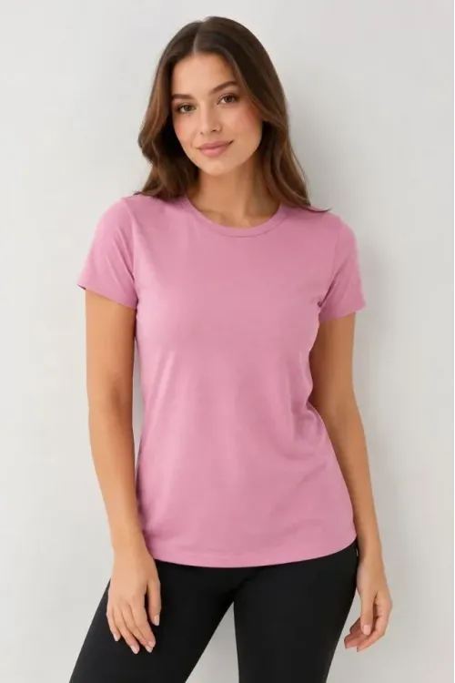 Basic Bisiklet Yaka Yazlık Slim Fit T-Shirt - Pudra Pembe - Petrol Mavi