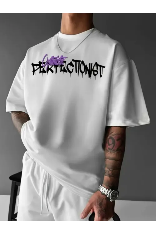 Baskılı Oversize Bisiklet Yaka T-shirt - Beyaz