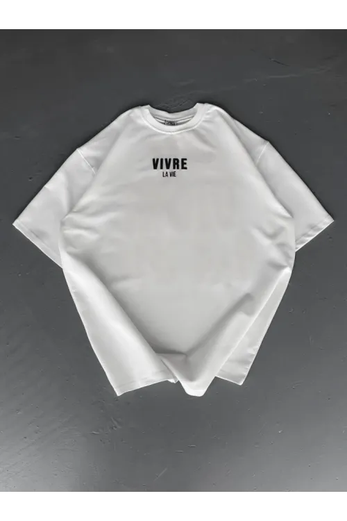 Baskılı Oversize Bisiklet Yaka T-shirt - Beyaz