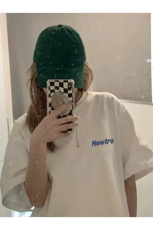 Baskılı Oversize Bisiklet Yaka T-shirt - Beyaz