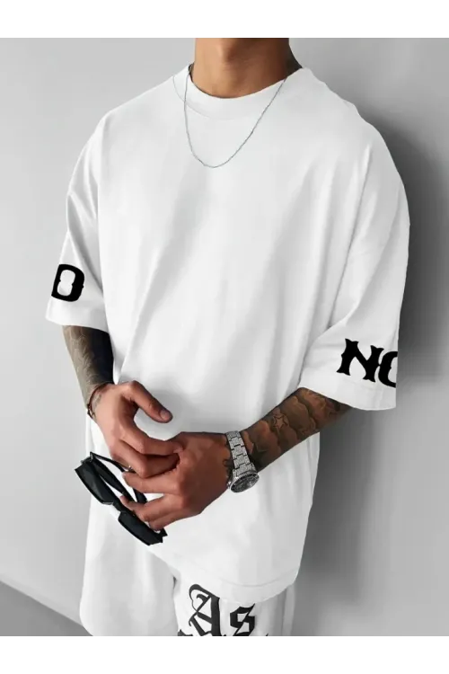 Baskılı Oversize Bisiklet Yaka T-shirt - Beyaz