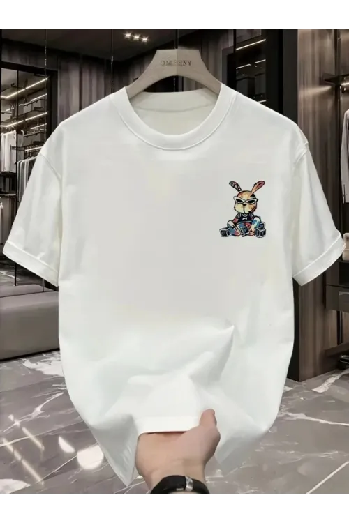 Baskılı Oversize Bisiklet Yaka T-shirt - Beyaz