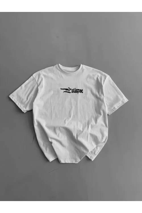 Baskılı Oversize Bisiklet Yaka T-shirt - Beyaz