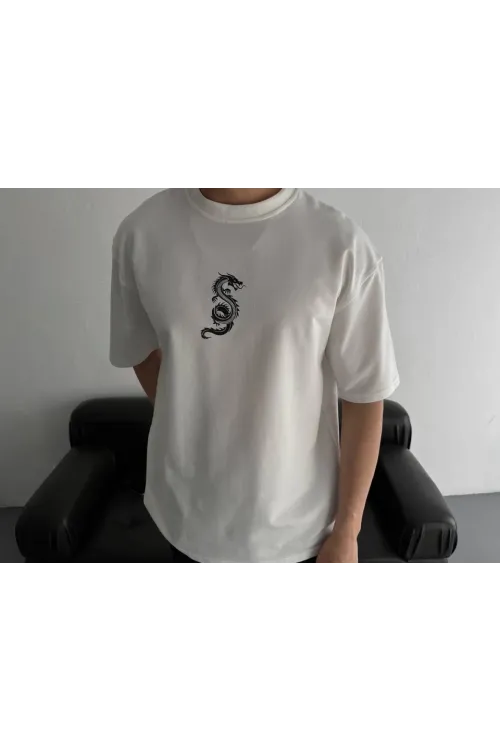 Baskılı Oversize Bisiklet Yaka T-shirt - Beyaz