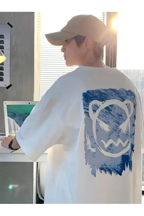 Baskılı Oversize Bisiklet Yaka T-shirt - Beyaz