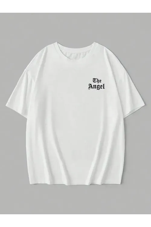 Baskılı Oversize Bisiklet Yaka T-shirt - Beyaz