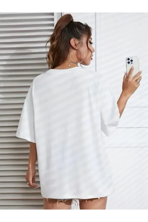 Baskılı Oversize Bisiklet Yaka T-shirt - Beyaz