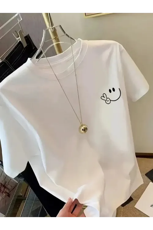Baskılı Oversize Bisiklet Yaka T-shirt - Beyaz