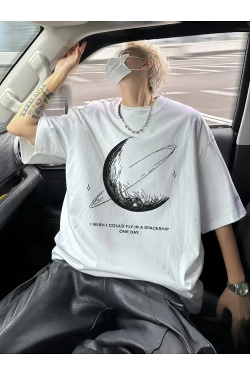 Baskılı Oversize Bisiklet Yaka T-shirt - Beyaz