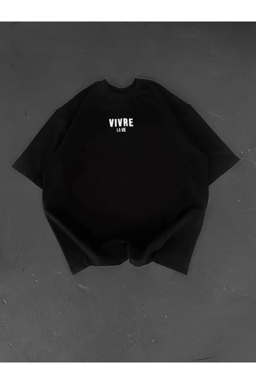 Baskılı Oversize Bisiklet Yaka T-shirt - Siyah