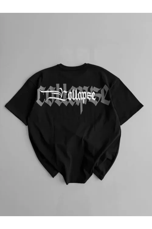 Baskılı Oversize Bisiklet Yaka T-shirt - Siyah