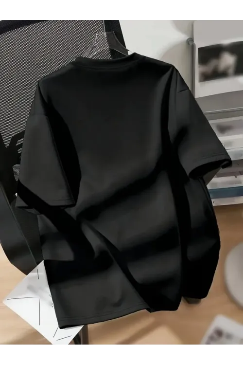 Baskılı Oversize Bisiklet Yaka T-shirt - Siyah