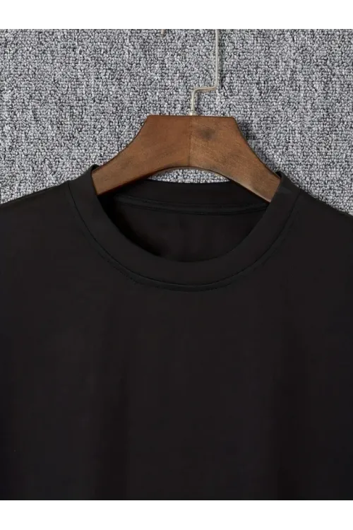 Baskılı Oversize Bisiklet Yaka T-shirt - Siyah