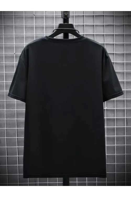 Baskılı Oversize Bisiklet Yaka T-shirt - Siyah