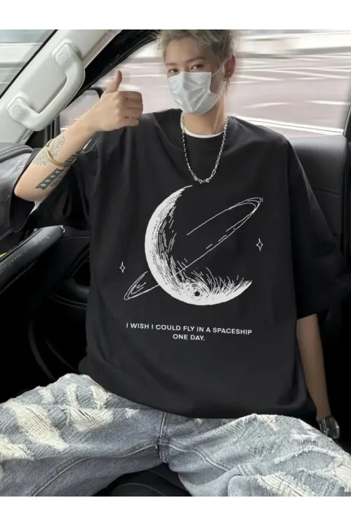 Baskılı Oversize Bisiklet Yaka T-shirt - Siyah