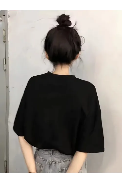 Baskılı Oversize Bisiklet Yaka T-shirt - Siyah