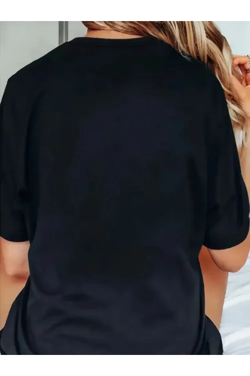 Baskılı Oversize Bisiklet Yaka T-shirt - Siyah