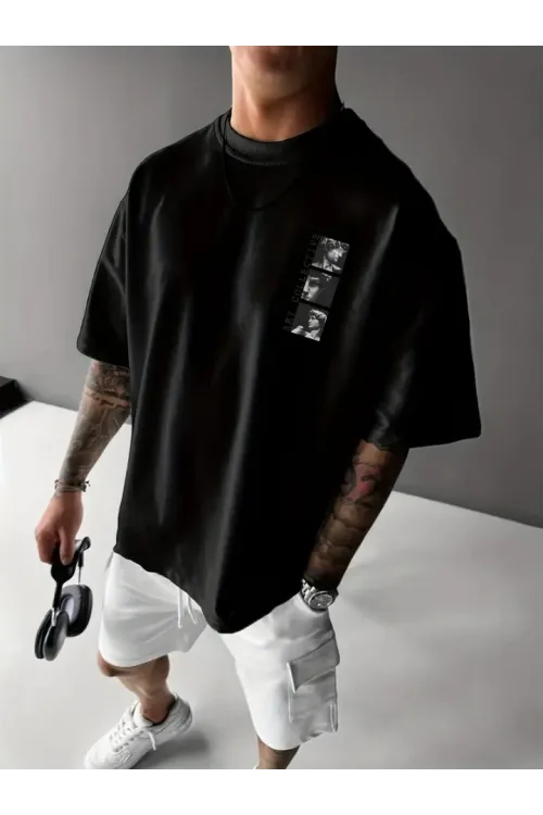 Baskılı Oversize Bisiklet Yaka T-shirt - Siyah