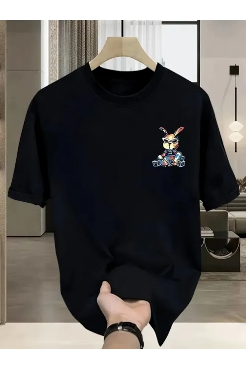 Baskılı Oversize Bisiklet Yaka T-shirt - Siyah