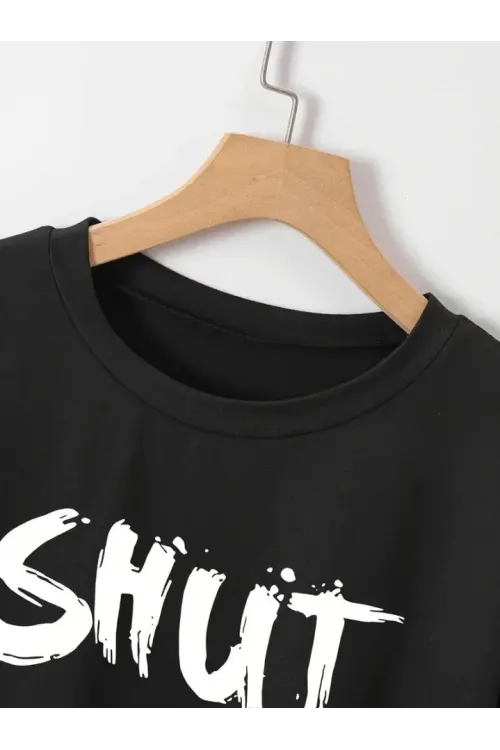 Baskılı Oversize Bisiklet Yaka T-shirt - Siyah