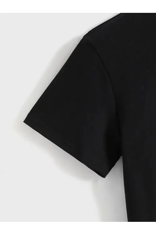Baskılı Oversize Bisiklet Yaka T-shirt - Siyah