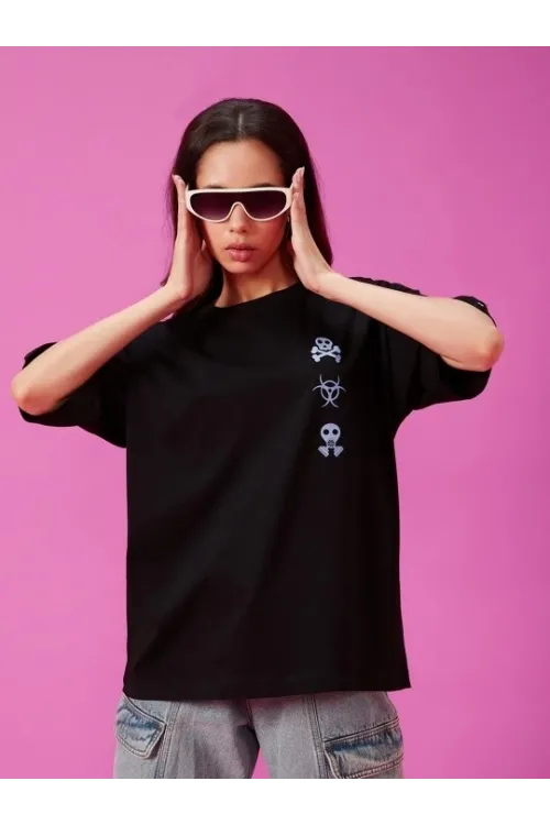 Baskılı Oversize T-shirt - Siyah